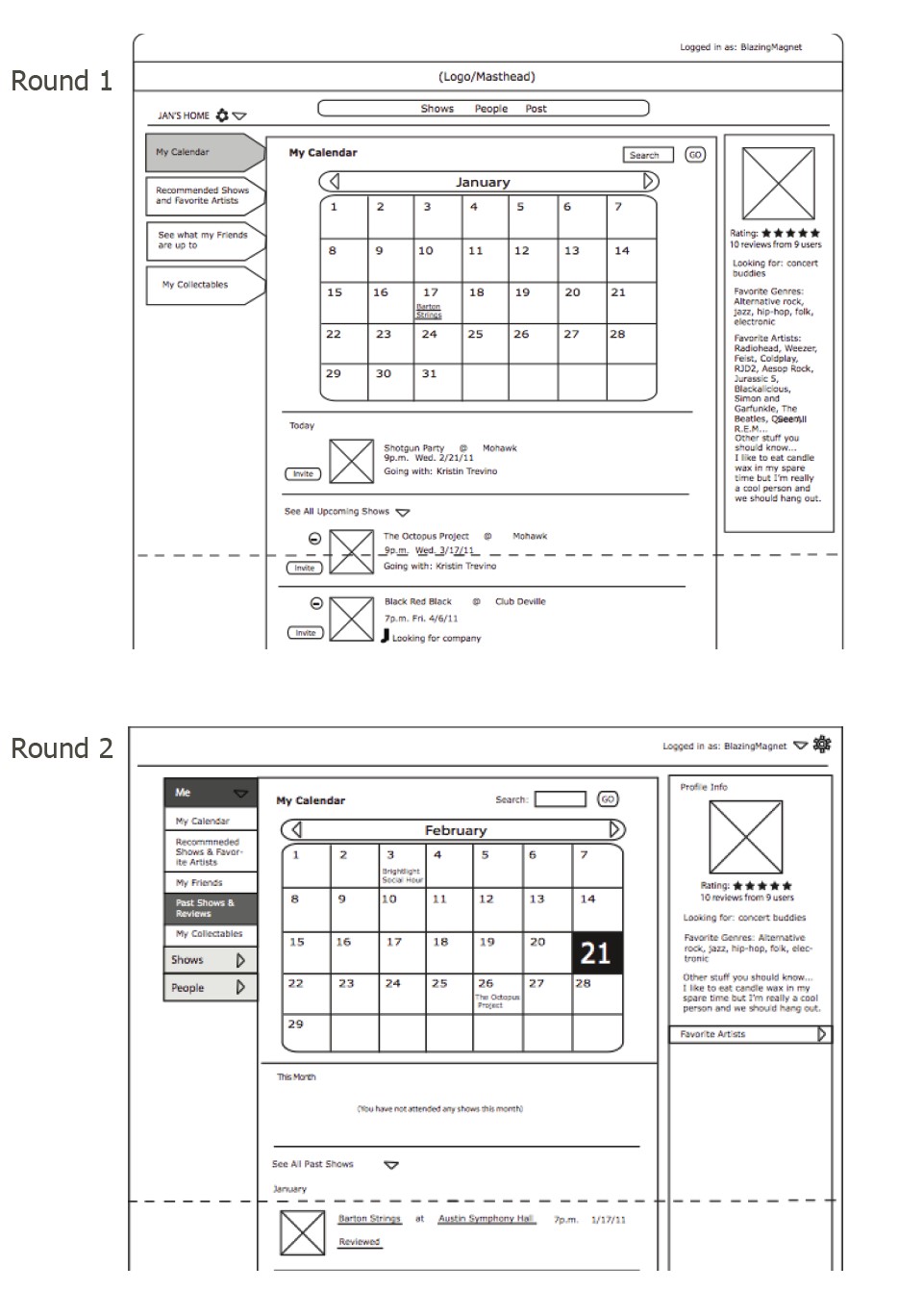 wireframe iterations